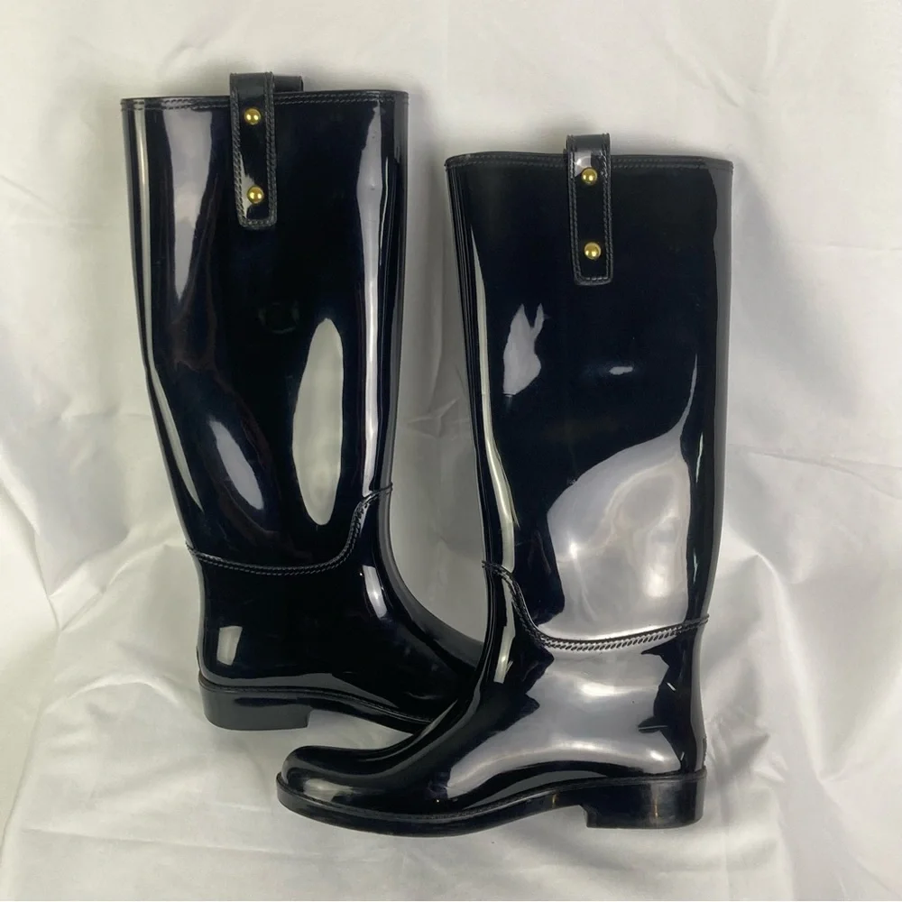 Coach Tasha Signature Gold Buckle Rain Boots Size 7 Patent Black Tall EUC - Picture 10 of 12